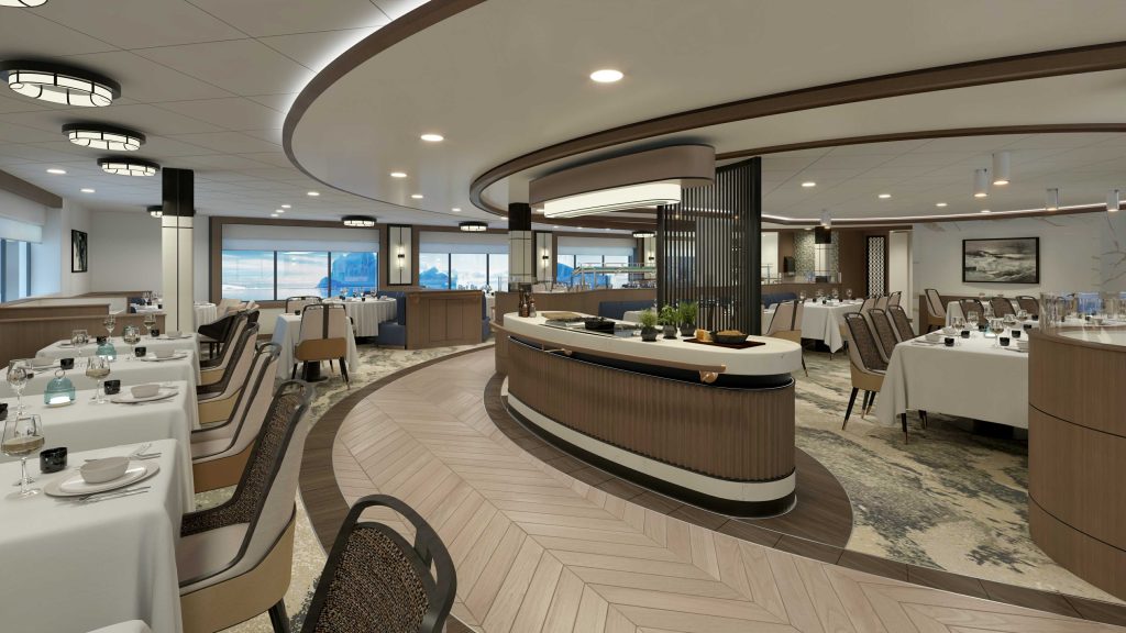 Rendering of dining room on Magellan Discover with many tables of different sizes, buffet station and large windows.