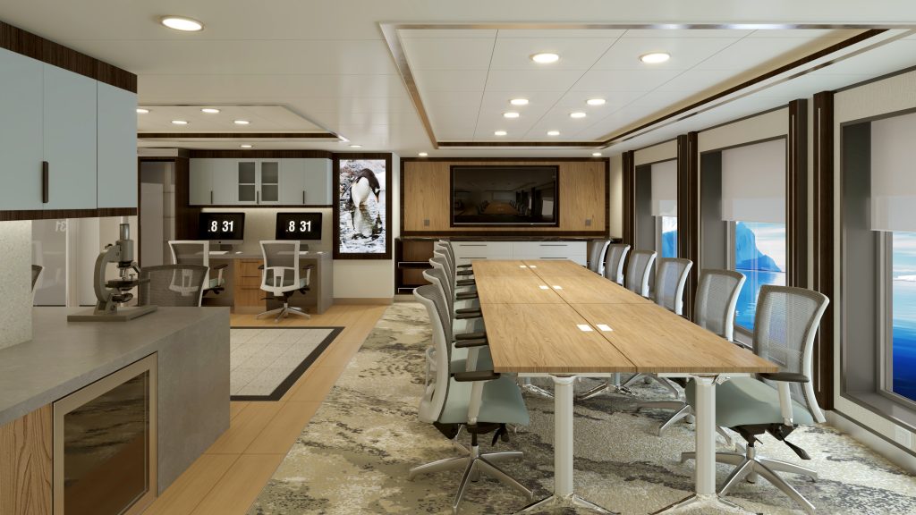 Rendering of science room on Magellan Discover with long table, tv, microscope and two computers.