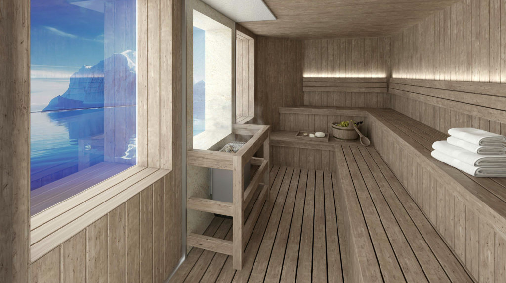 Sauna with wooden bench seating and large picture windows.