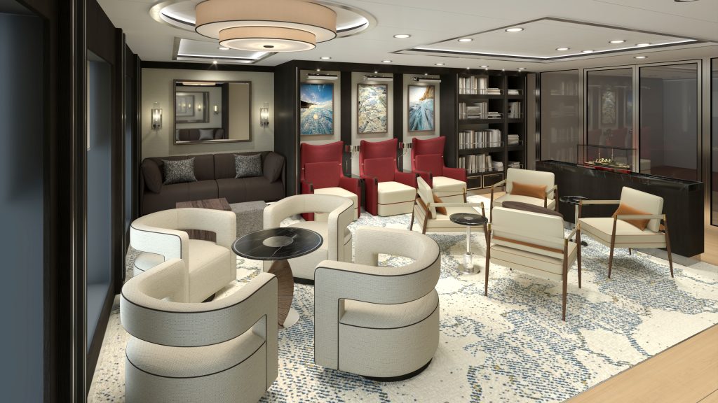 Modern Library on Magellan Discover with various white chairs, small tables, couch and bookshelves.