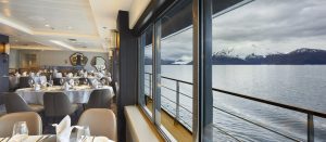 View looking out the window to the sea from the fining room on Magellan Explorer. 