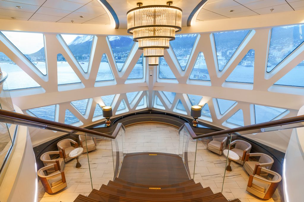 Forward view through the bow windows on the Ocean Explorer. 