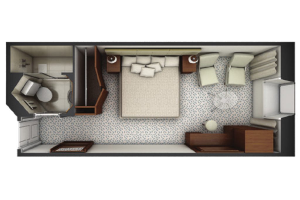 Deluxe Stateroom floorplan on Exploris One. 