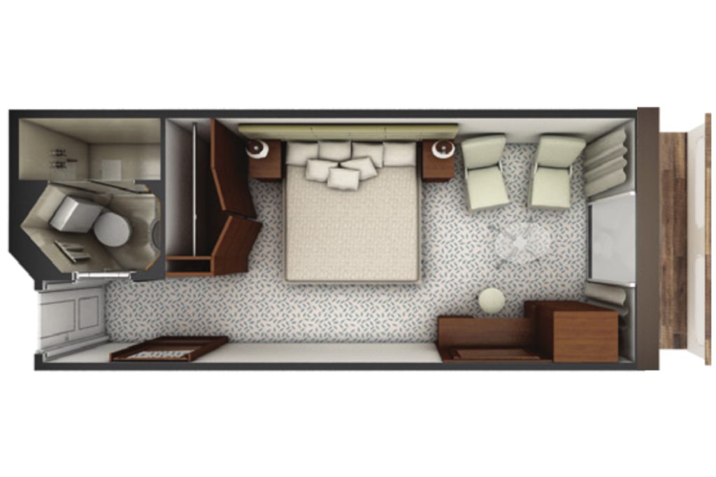 Floorplan of Balcony Stateroom on Exploris One. 