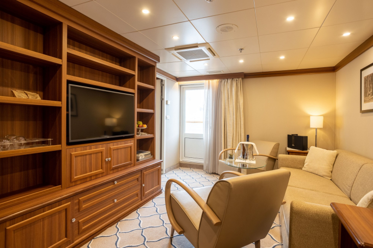 Wooden bookcase with TV and couch. 