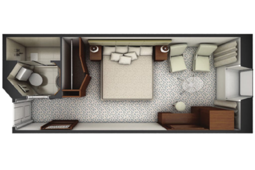 Single stateroom floorplan on Exploris One. 