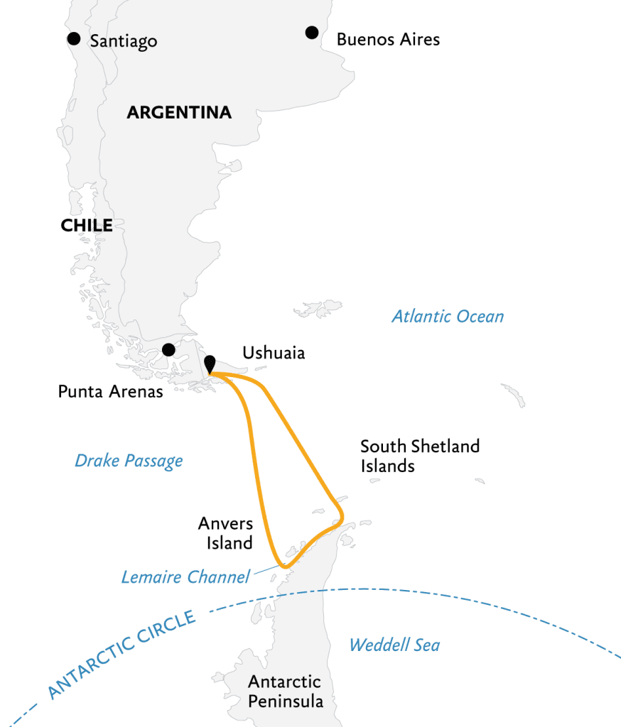Route map from Ushuaia to Antarctic Peninsula. 