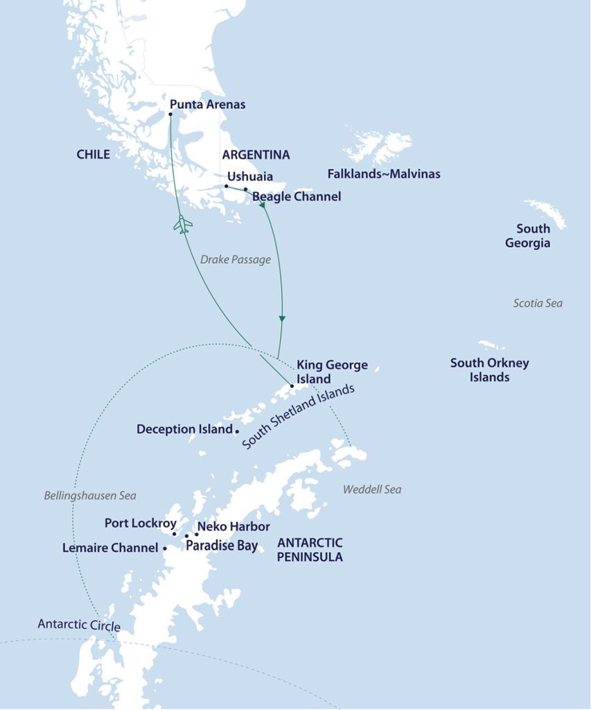 Route map for Across the Antarctic Circle - Sail/Fly itinerary. 