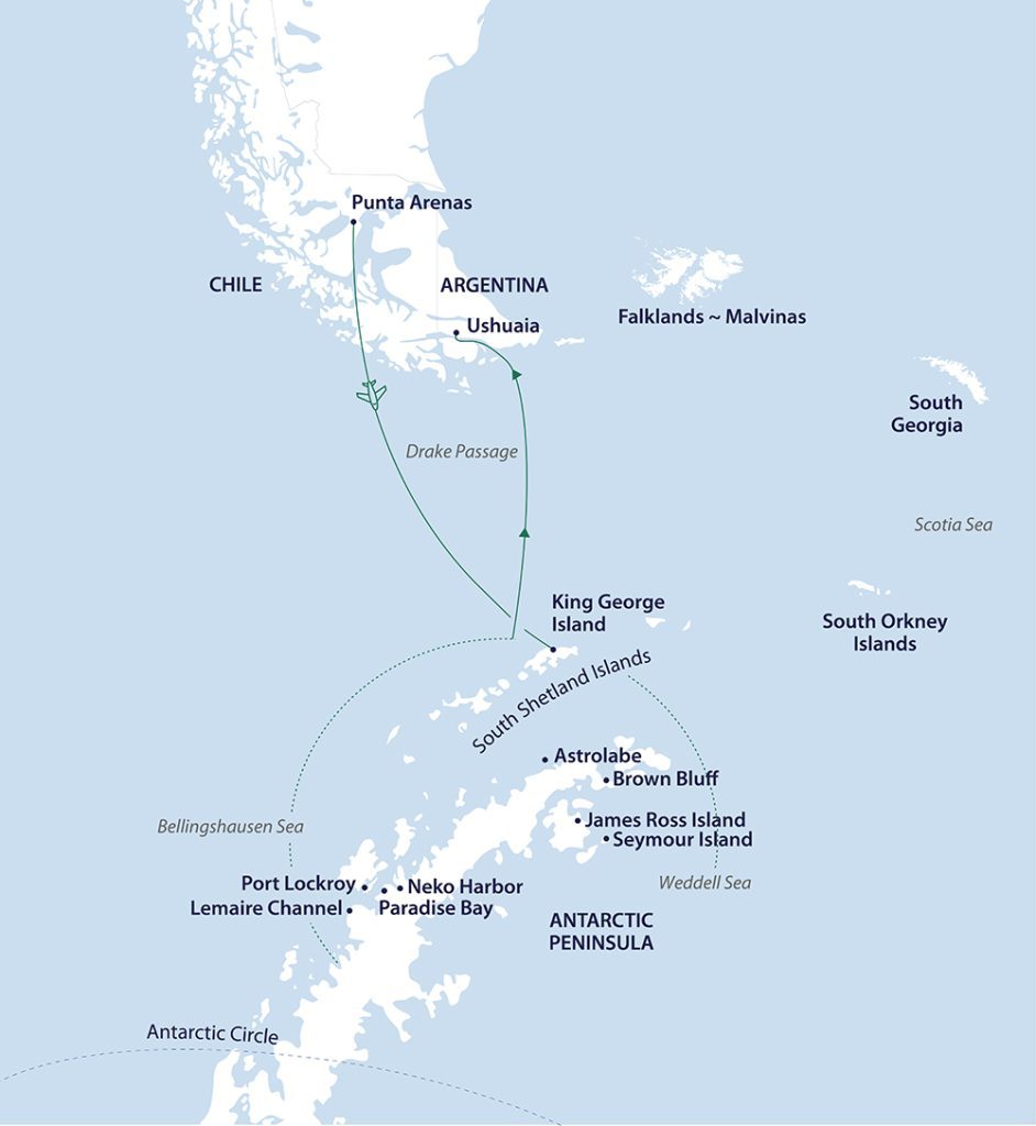 Route map with flight across the Drake Passage and sailing back. 
