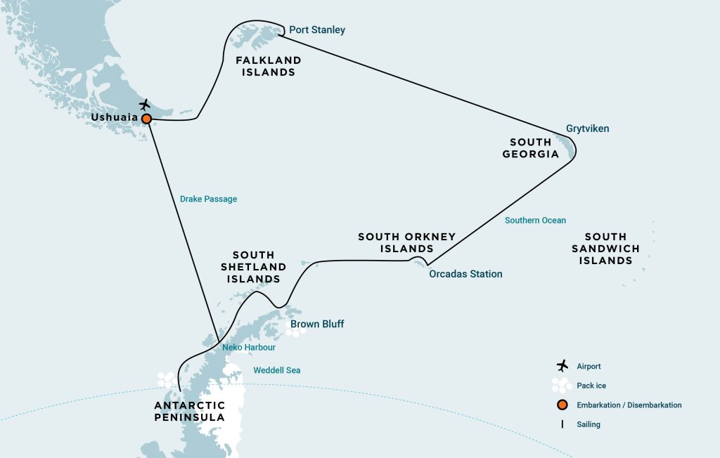 Route map of the Falklands, South Georgia & Antarctic Peninsula. 
