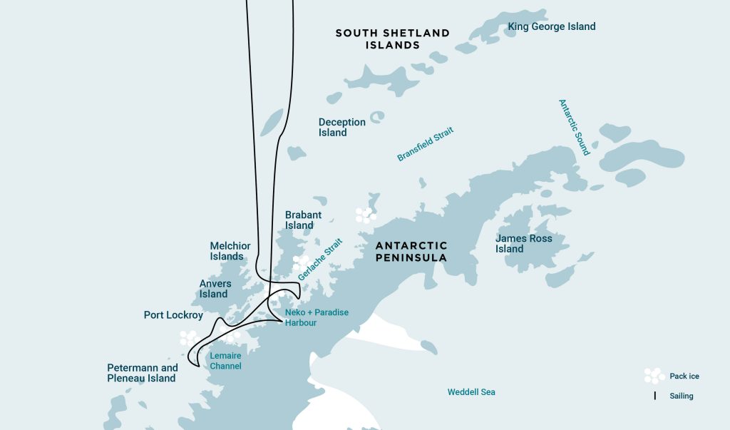 Route map of Antarctica whale watching expedition. 
