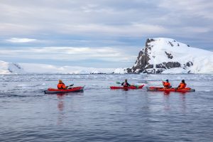 Four kayakers paddling in Antarctica.
