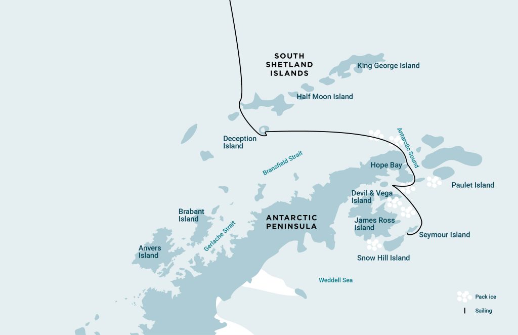 Route map for In Search of the Emperor Penguins voyage showing Weddell Sea. 