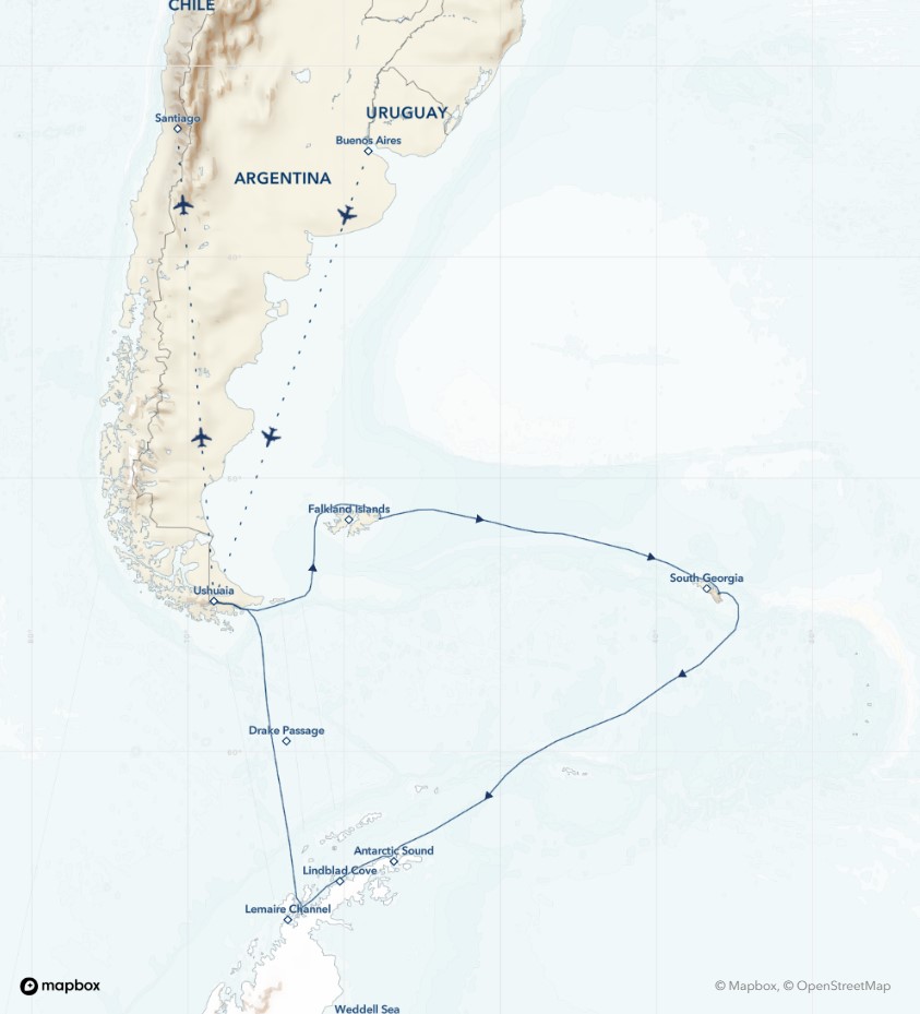 Route map showing southern tip of South America, the Falkland Islands, South Georgia & Antarctica.