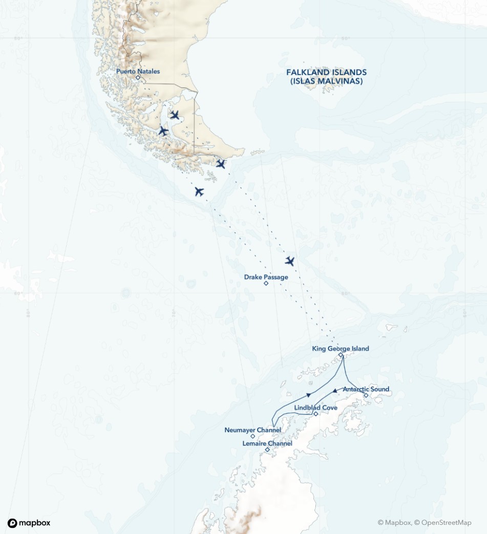 Route map for Antarctica Direct: Fly the Drake. 