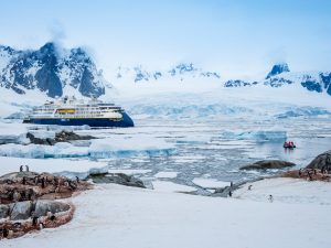 National Geographic ship in icy Antarctic waters.