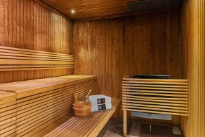 Interior view of sauna with wooden benches & walls onboard National Geographic Explorer