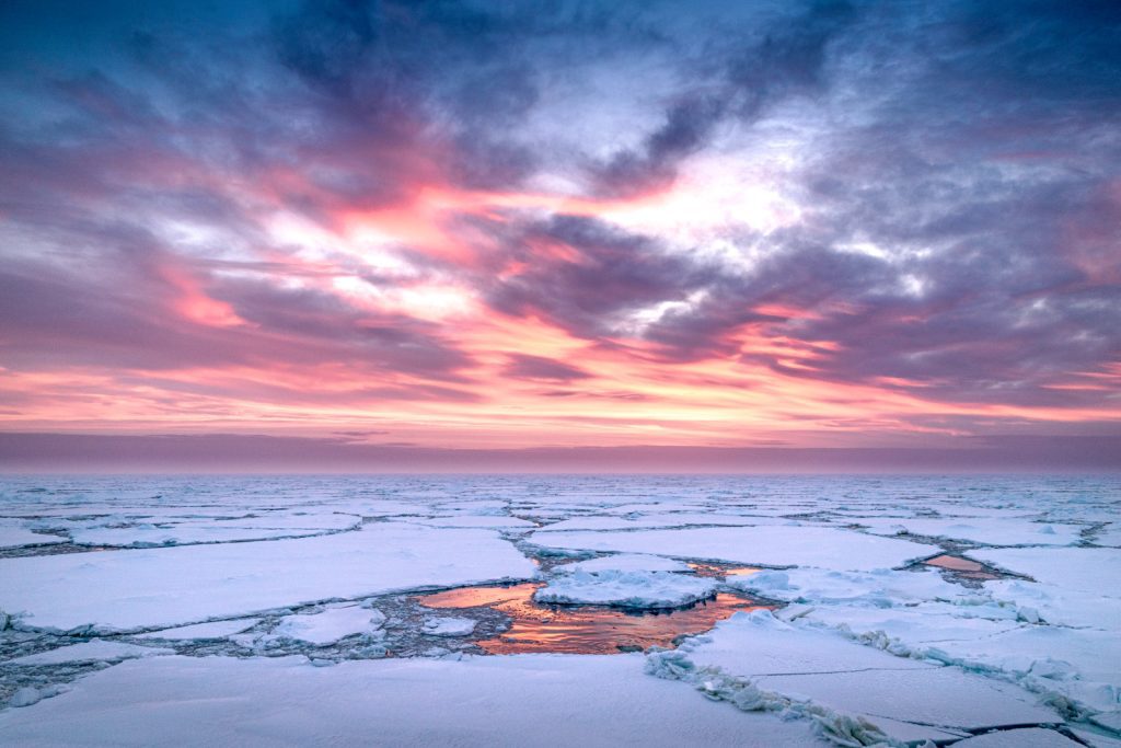 Sunset over the pack ice in the Weddell Sea. 