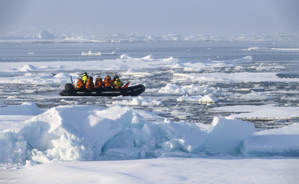 Zodiac cruising through the pack ice.