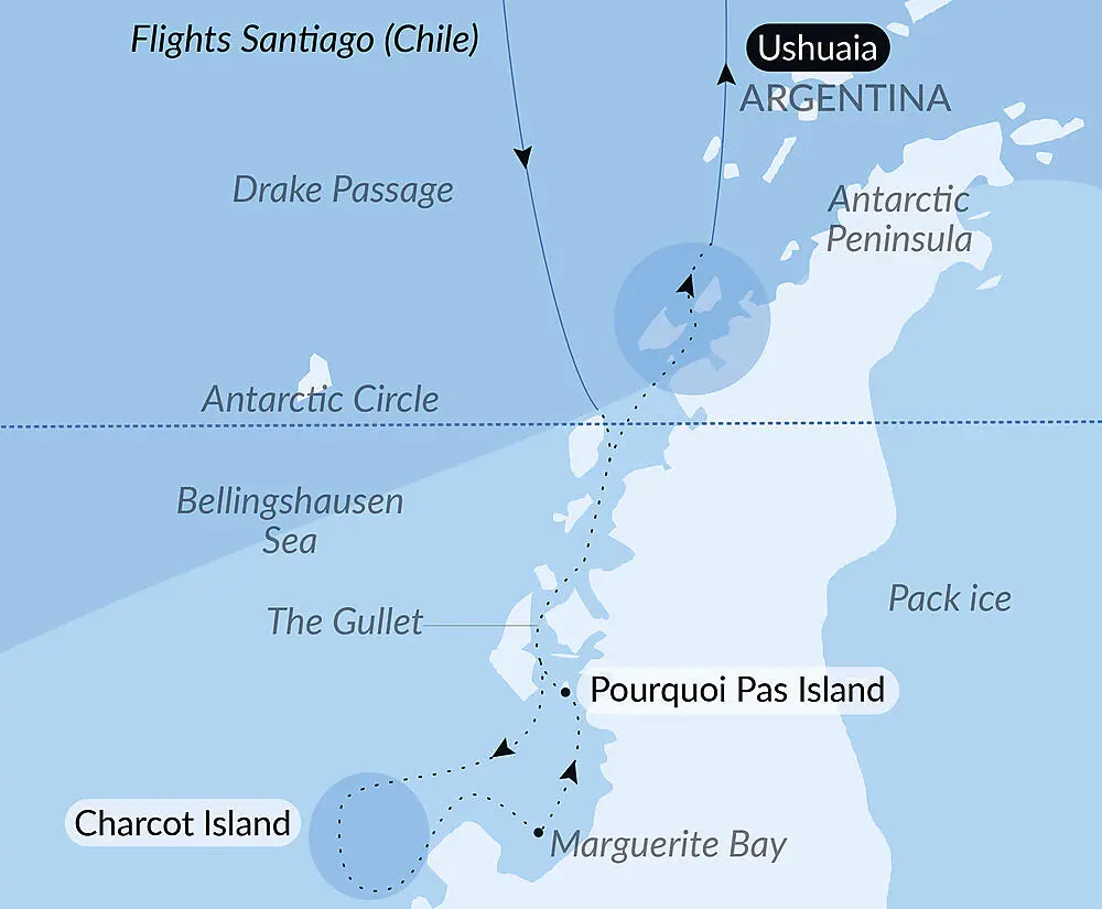 Voyage route map showing Antarctic Peninsula. 