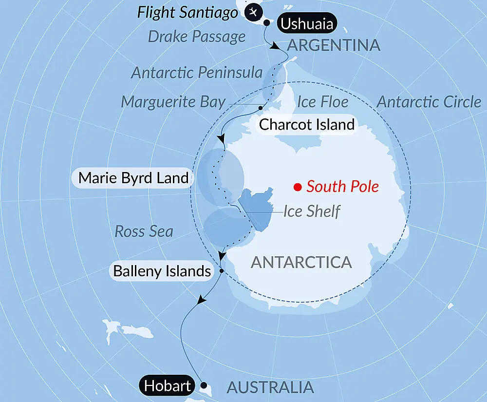 Route map for Unexplored Western Antarctica Between Two Continents. 