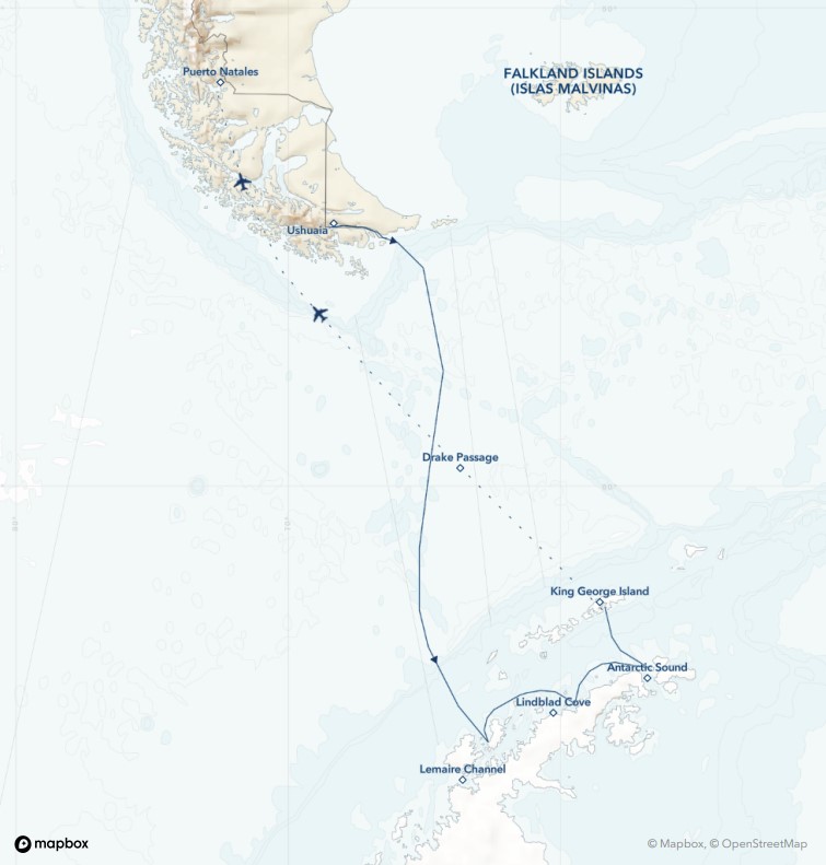 Antarctica Direct - Sail and fly the Drake route map