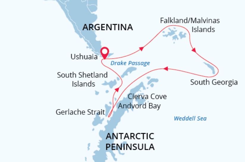 Falklands, South Georgia & Antarctica Sea Spirit Route map