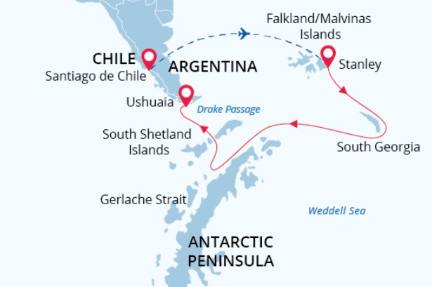 Falklands, South Georgia & Antarctica from Santiago