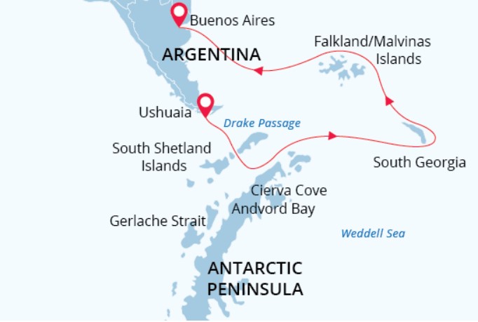 Falklands, South Georgia & Antarctica to Buenos Aires Route Map