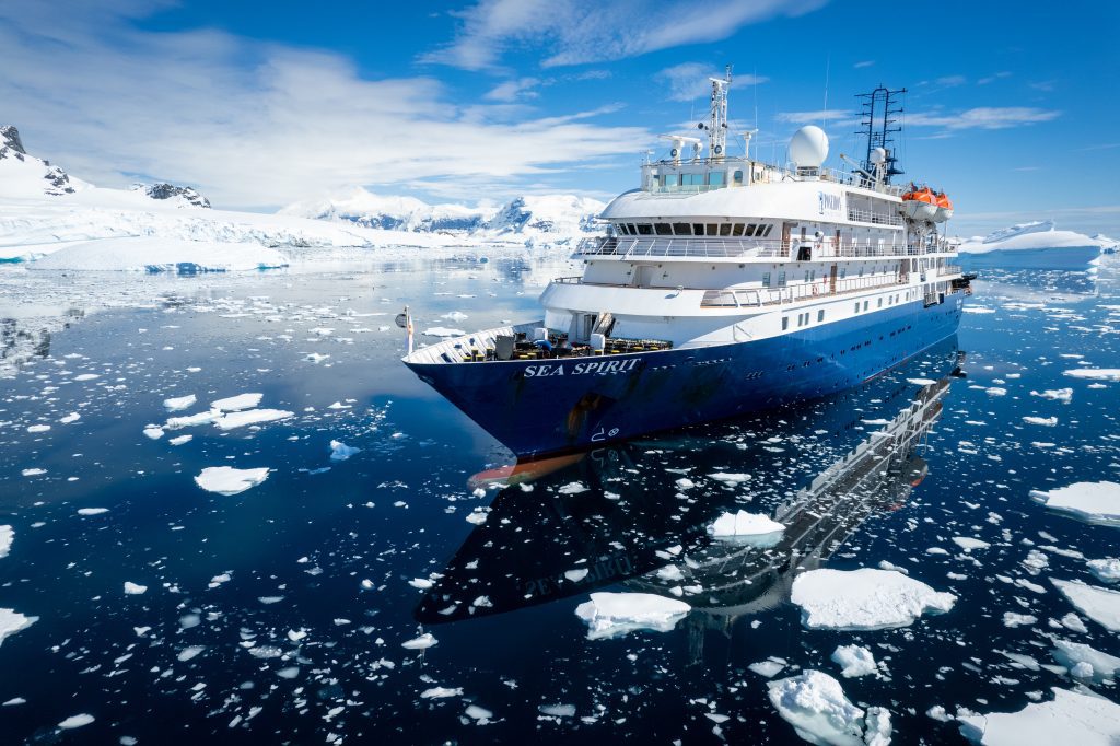 The ship Sea Spirit in icy Antarctic waters. 