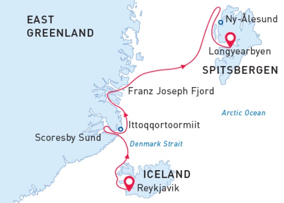 Svalbard, Greenland & Iceland from Reykjavik route map