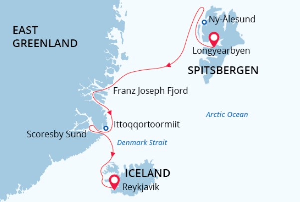 Svalbard, Greenland & Iceland from Longyearbyen route map