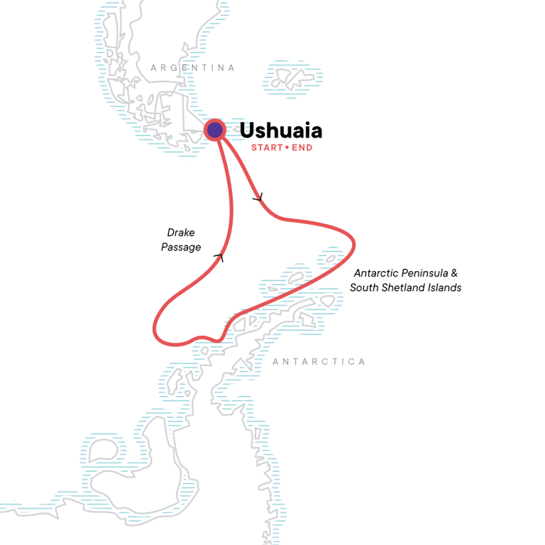 Route map between Ushuaia and Antarctica for the Classic Antarctica in Depth itinerary