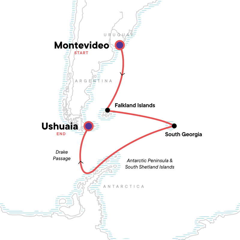 Route map for Falklands, South Georgia & Antarctica voyage onboard the Expedition.