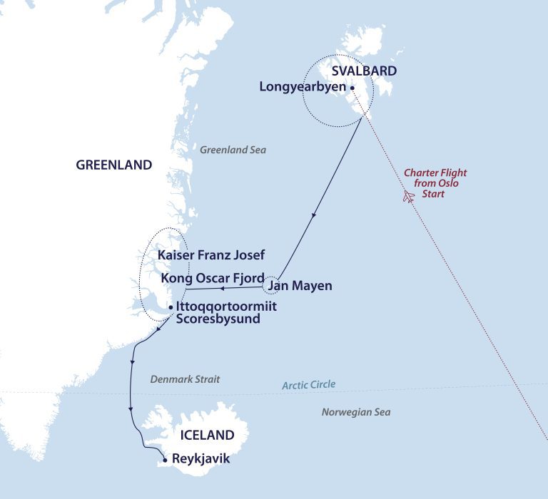 Jewels of the Arctic Route Map showing route from Svalbard to Jan Mayen to East Greenland.