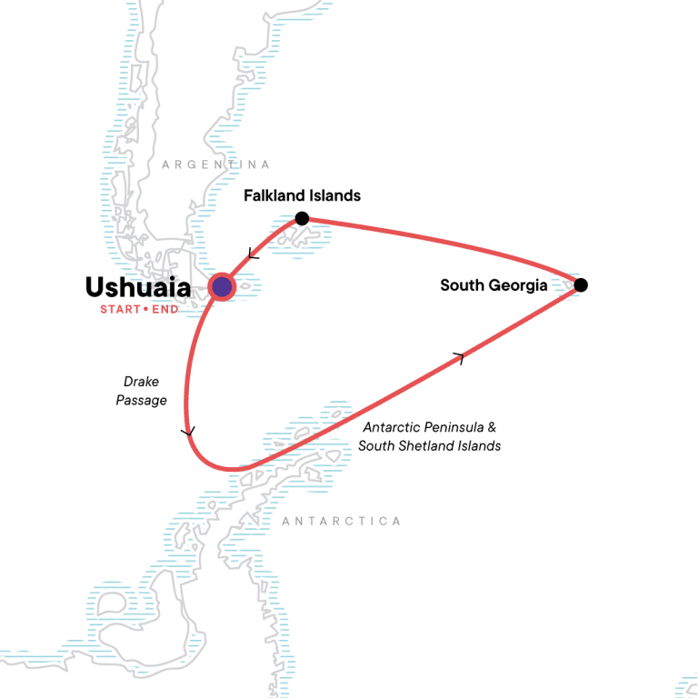 Spirit of Shackleton route map showing route from Ushuaia to Antarctic Peninsula to South Georgia, the Falklands and back to Ushuaia.