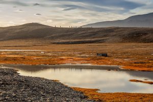 Guest hiking a ridgeline in the colorful Arctic tundra.