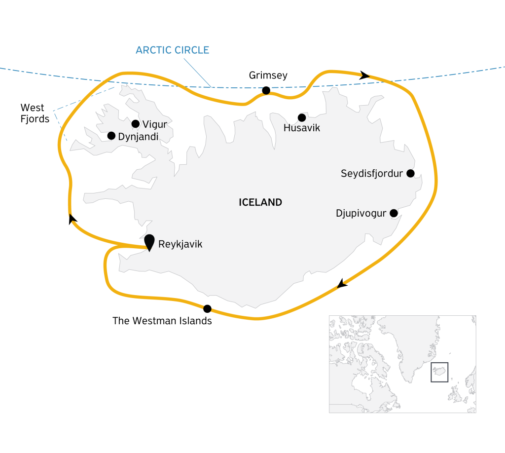 Route map of Iceland Circumnavigation voyage.