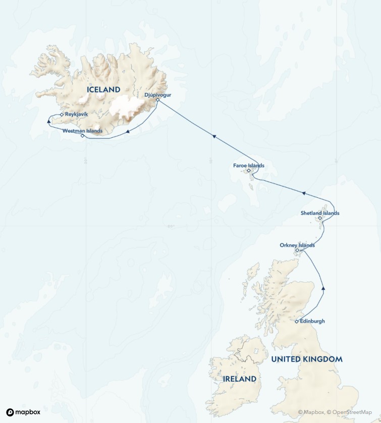 North Atlantic Wonders route map showing route from Edinburgh to Orkney, Shetland & Faroe Islands before arriving into Iceland