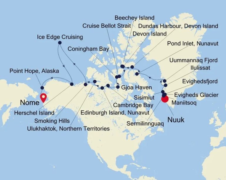 Luxury northwest passage route map from Nuuk, Greenland to Nome, Alaska