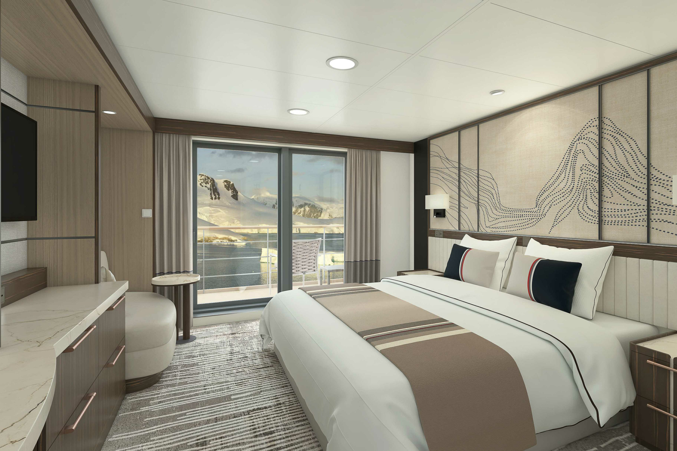 Rendering of a deluxe veranda cabin on the Magellan Discover with a king bed and private balcony.