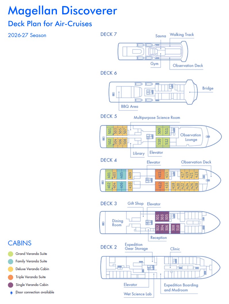 Magellan Discoverer deck plan showing all decks, cabins and public spaces.