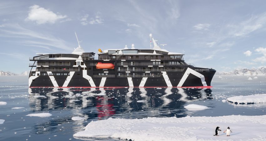 Side view of the Magellan Discoverer with an ice floe and penguins in the foreground.