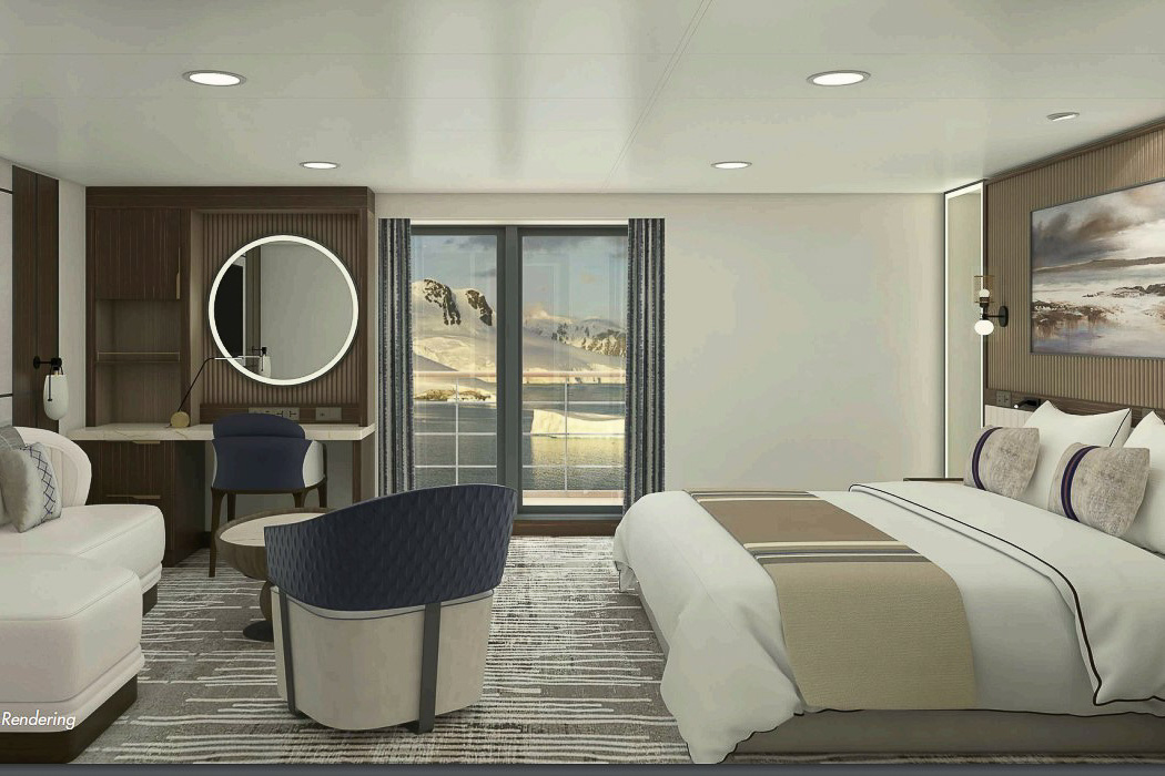 Rendering of a grand veranda suite with king bed, sofa, desk area and floor to cieling window on the Magellan Discover.