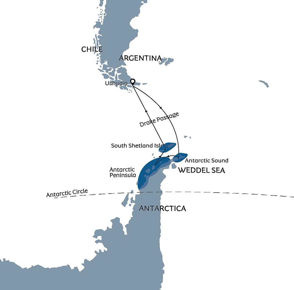 Route map for Antarctic Peninsula & Extreme Weddell Sea voyage. 