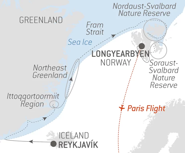 Greenland to Svalbard route map showing northeast route from Iceland.