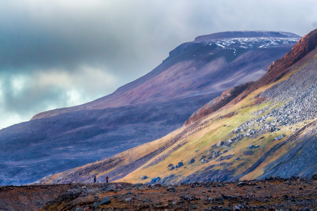 Guests hiking the Arctic tundra near colorful mountain slopes.
