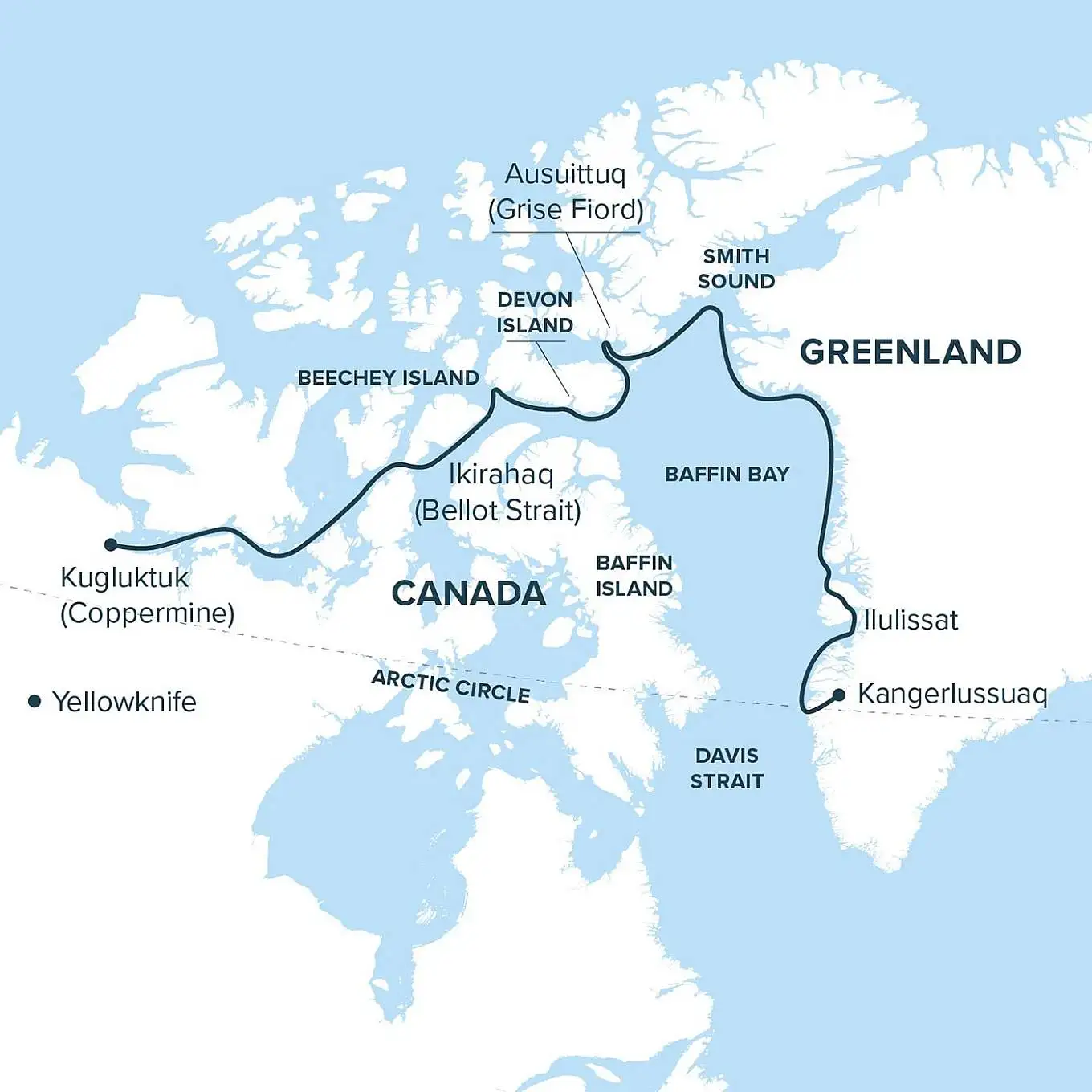 Route map for Out of the Northwest Passage voyage. 