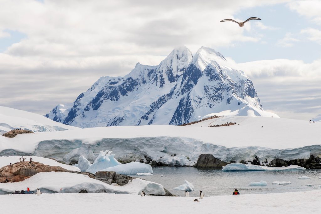 A snow covered mountain by the sea. 