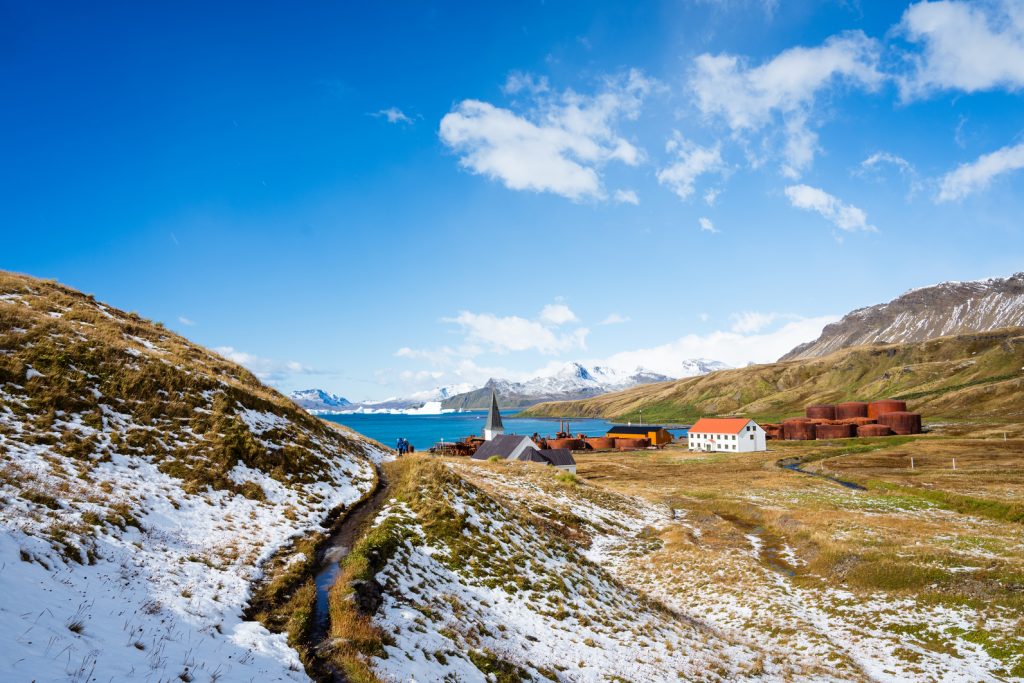 View of old whaling station at Grytviken, South Georgia. 